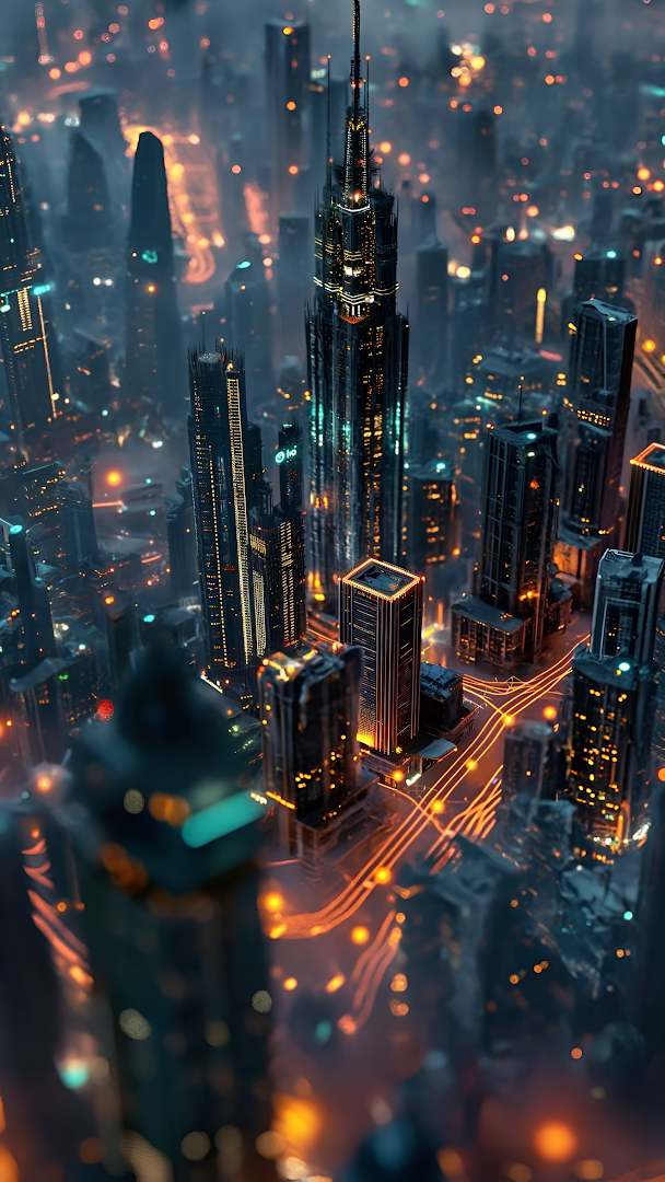 Futuristic Cityscape at Night with Glowing Skyscrapers