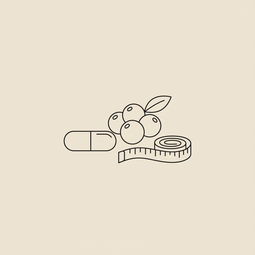 Minimal Tonum-style vector line illustration of a capsule, small berry cluster and softly coiled measuring tape on a beige background — best probiotic for belly fat