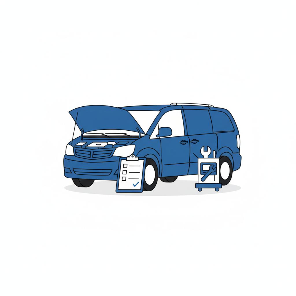 Minimalist 2D vector of an open minivan hood with a checklist clipboard and tools illustrating a pre purchase inspection for mini vans for sale