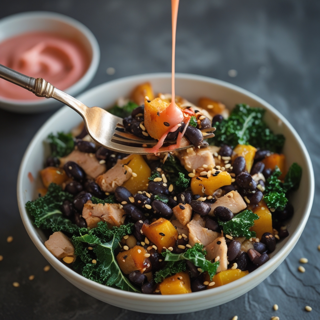 Final Korean Gochujang Turkey & Black Bean Skillet Hash with Crispy Kale + Kimchi Crema