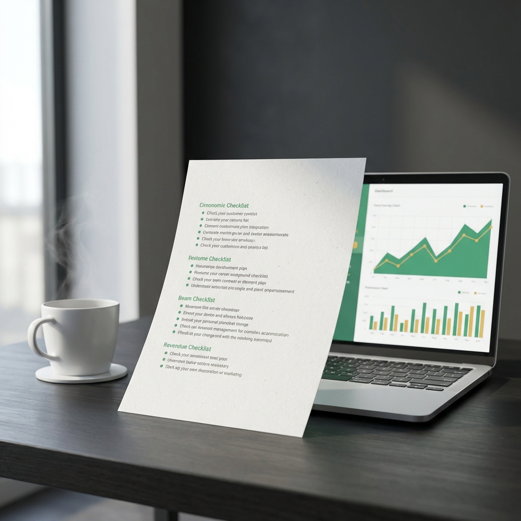 Minimalist desk flatlay with a checklist coffee cup and laptop showing financial charts depicting best coins to invest in