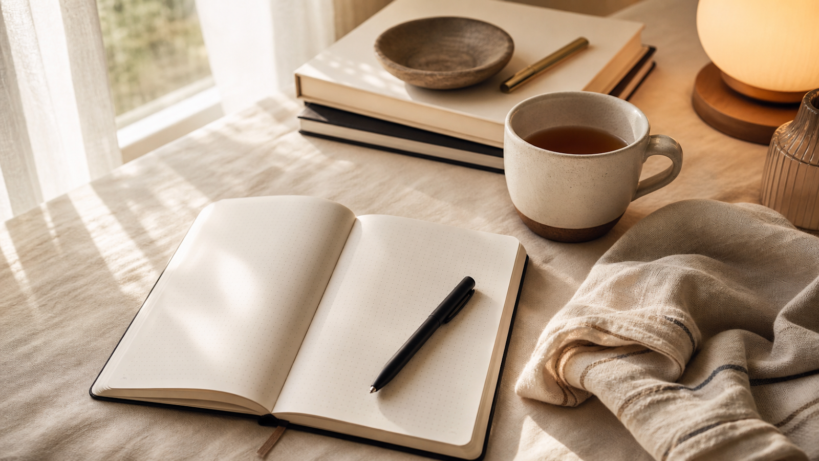 A quiet desk with an open notebook, pen, ceramic mug, and folded linen in soft morning light