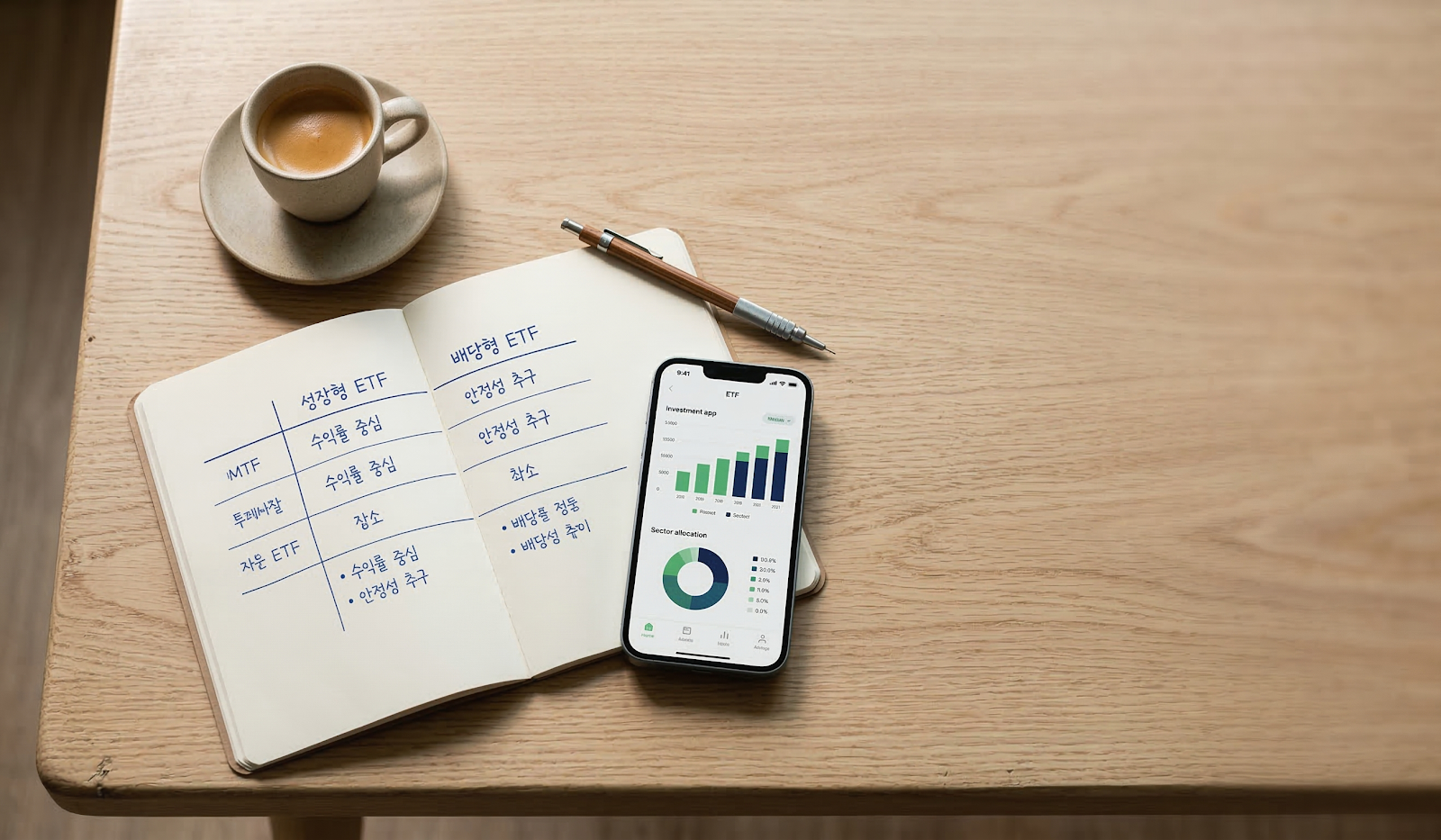 직장인 ETF 투자 개념 정리 — 노트와 스마트폰으로 ETF를 공부하는 모습