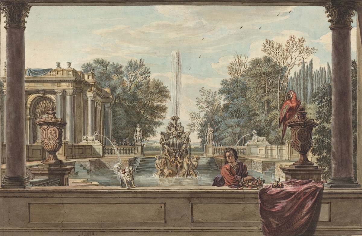 An Italianate Garden with a Parrota Poodleand a Man 1730s