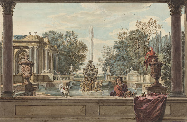 An Italianate Garden with a Parrota Poodleand a Man 1730s