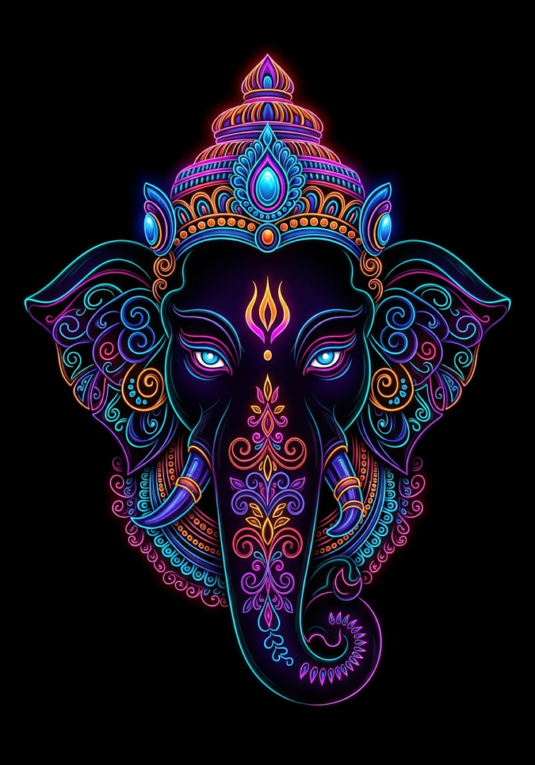 Ornate Neon Ganesha Digital Art