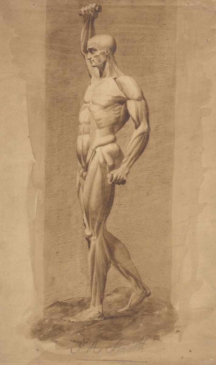 Male figure nude hands clutching batons right arm upraised seen from side 1796 1