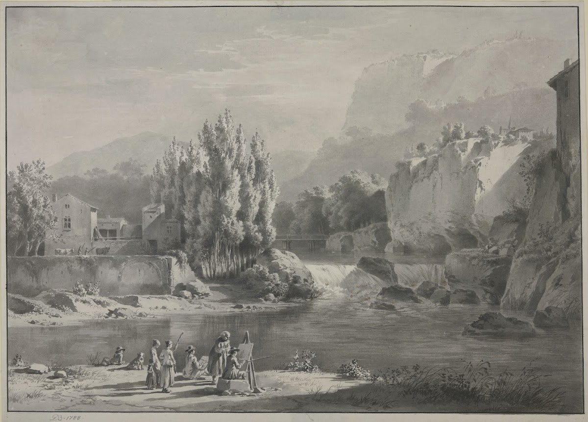 Flußlandschaft mit hohen Bergen im Vordergrund zwei Maler mit Zuschauern 1788