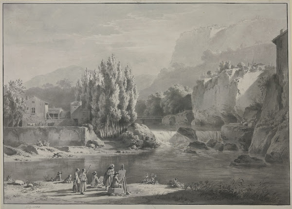 Flußlandschaft mit hohen Bergen im Vordergrund zwei Maler mit Zuschauern 1788