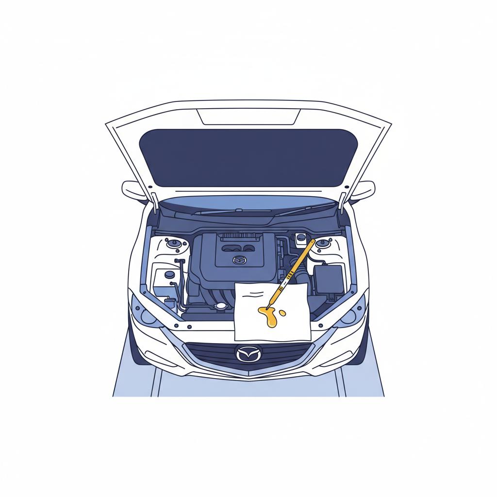 Overhead 2D vector of a Mazda oil dipstick check in a clean garage showing dipstick resting on paper towel and oil level when do Mazdas start having problems