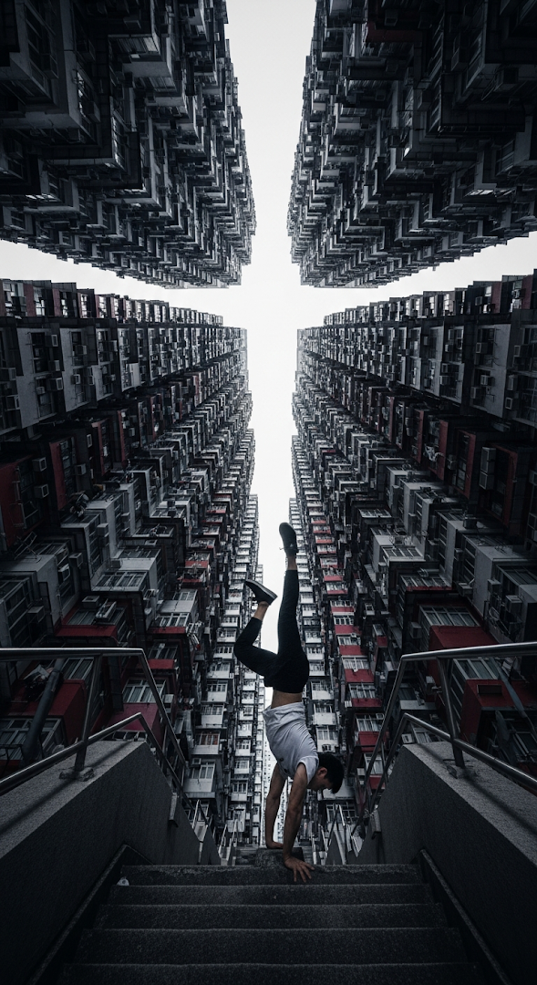 Low-Angle Urban Athletic Portrait of a Man Performing a Handstand in a Towering High-Rise Canyon