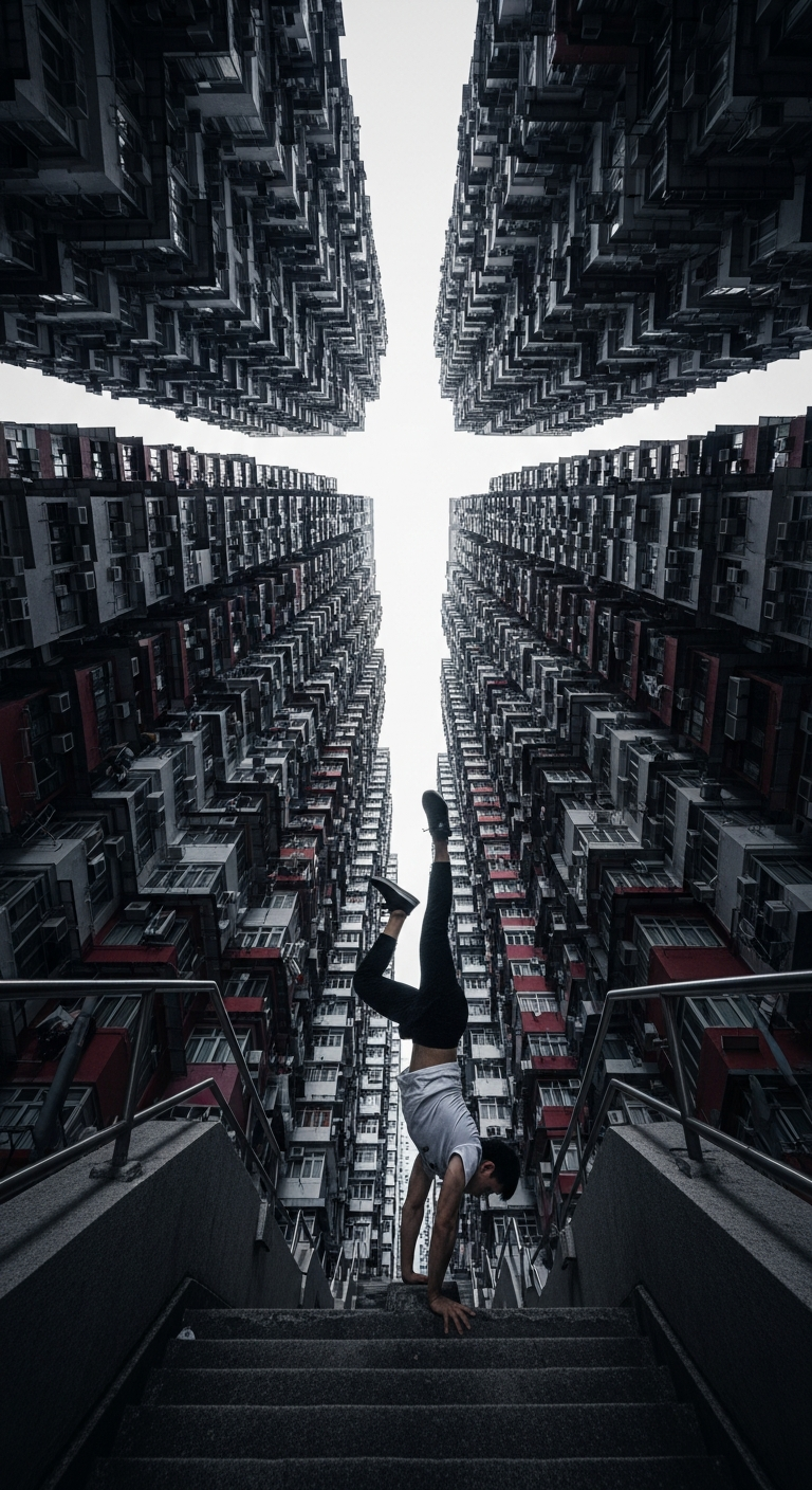 Low-Angle Urban Athletic Portrait of a Man Performing a Handstand in a Towering High-Rise Canyon - Free 4K mobile Wallpaper