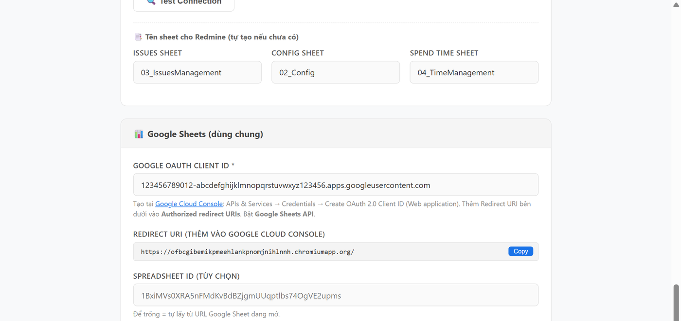 Card Google Sheets: Client ID, Redirect URI và nút Xác thực Google