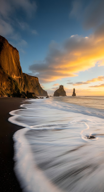 Dramatic Sunset Over Black Sand Beach with Foam and Orange Cliffs - Free mobile Wallpaper