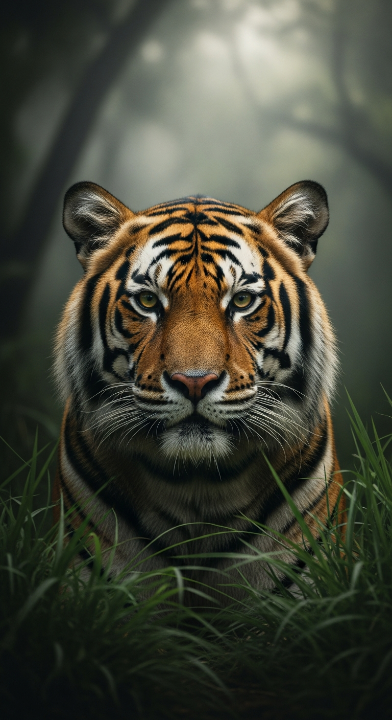Intense Portrait of a Bengal Tiger Staring from Tall Grass in a Misty Jungle - Free 4K mobile Wallpaper