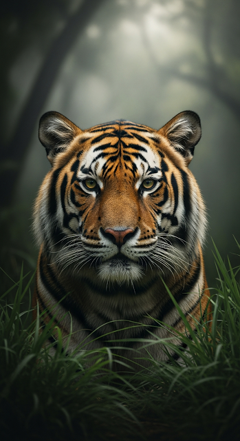 Intense Portrait of a Bengal Tiger Staring from Tall Grass in a Misty Jungle - Free mobile Wallpaper