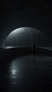 Solitary Figure in Dark Futuristic Architectural Archway