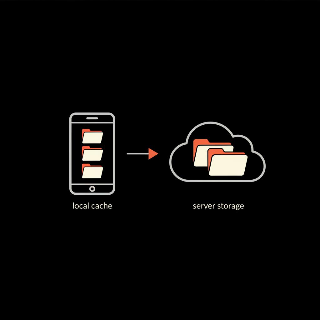 Minimal vector infographic comparing phone local cache vs cloud server storage to illustrate how to reinstall Facebook without losing data