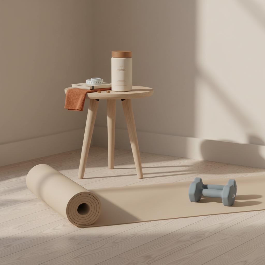Minimalist home exercise corner with yoga mat, light dumbbells and Tonum Motus supplement bottle on a side table, illustrating how to lower insulin resistance quickly.