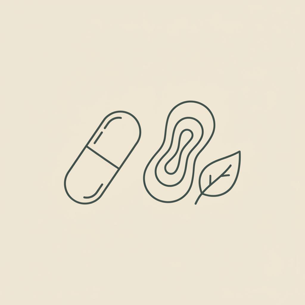 Minimal Tonum-style line illustration of a capsule, simplified mitochondrion and leaf on beige background representing an AMPK activator