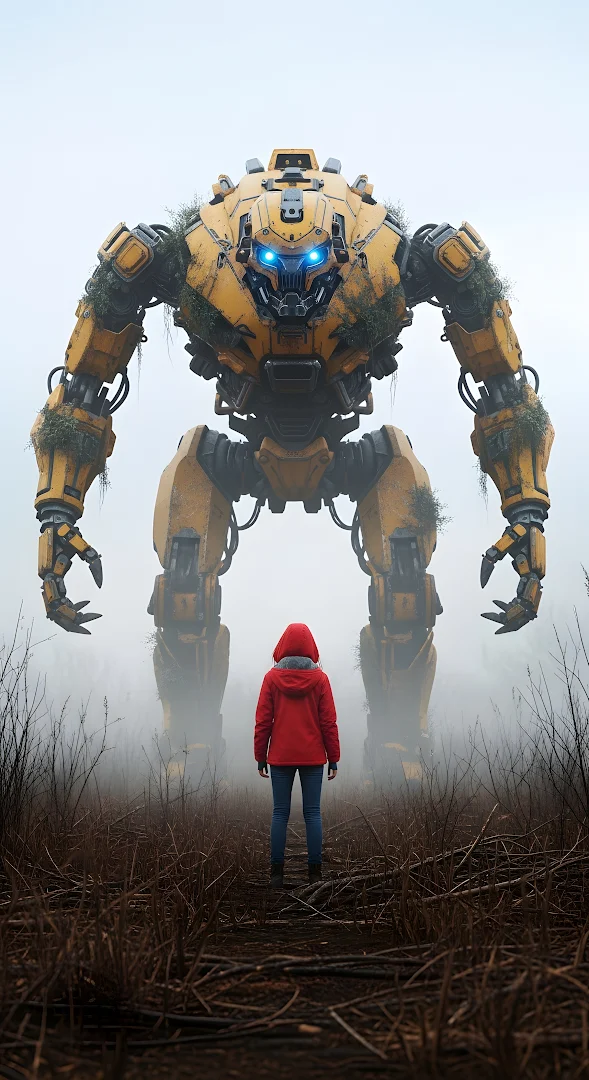 Lone Figure Facing Giant Overgrown Yellow Sci-Fi Mech