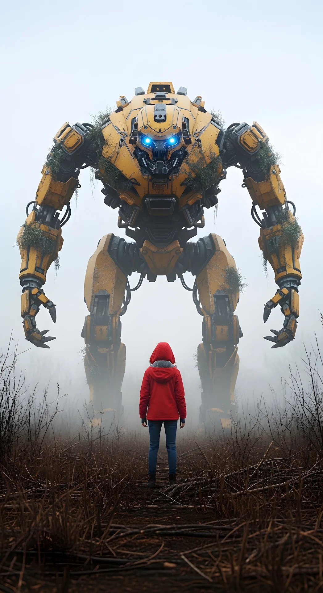 Lone Figure Facing Giant Overgrown Yellow Sci-Fi Mech - Free 4K mobile Wallpaper