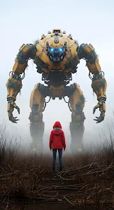 Lone Figure Facing Giant Overgrown Yellow Sci-Fi Mech