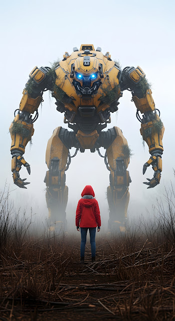 Lone Figure Facing Giant Overgrown Yellow Sci-Fi Mech - Free mobile Wallpaper