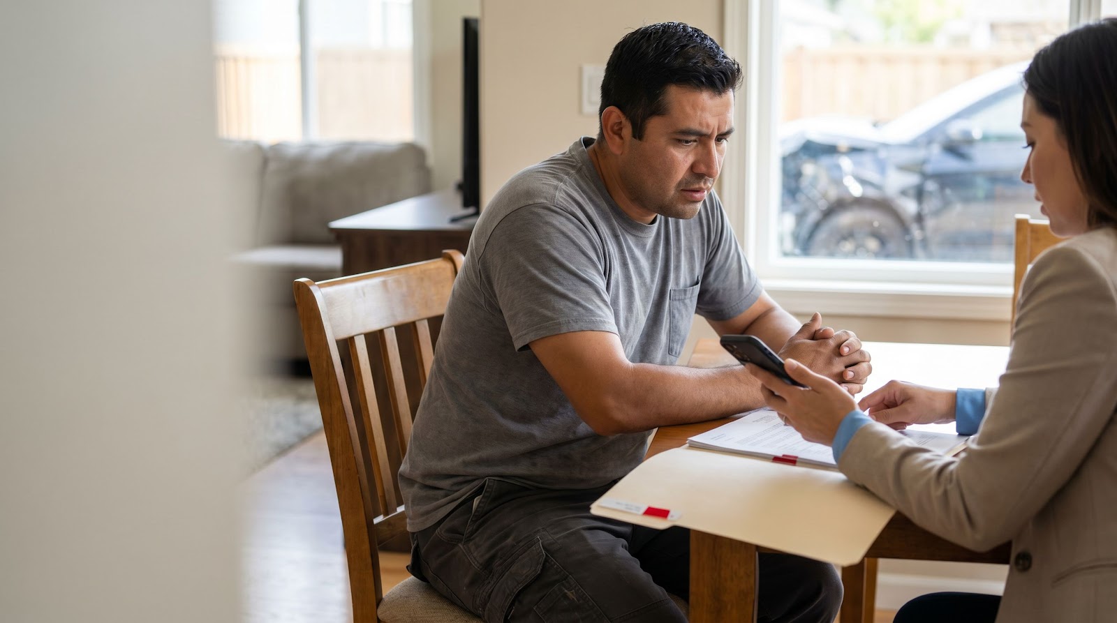 Texas fireworks car damage insurance consultation with a driver reviewing a claim at home