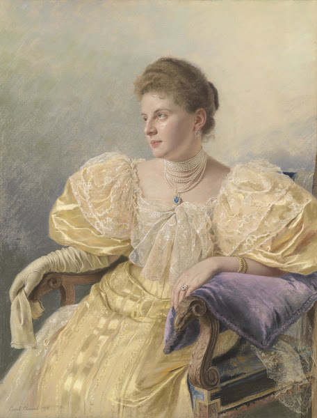 Porträt einer eleganten Dame in gelbem Kleid 1894