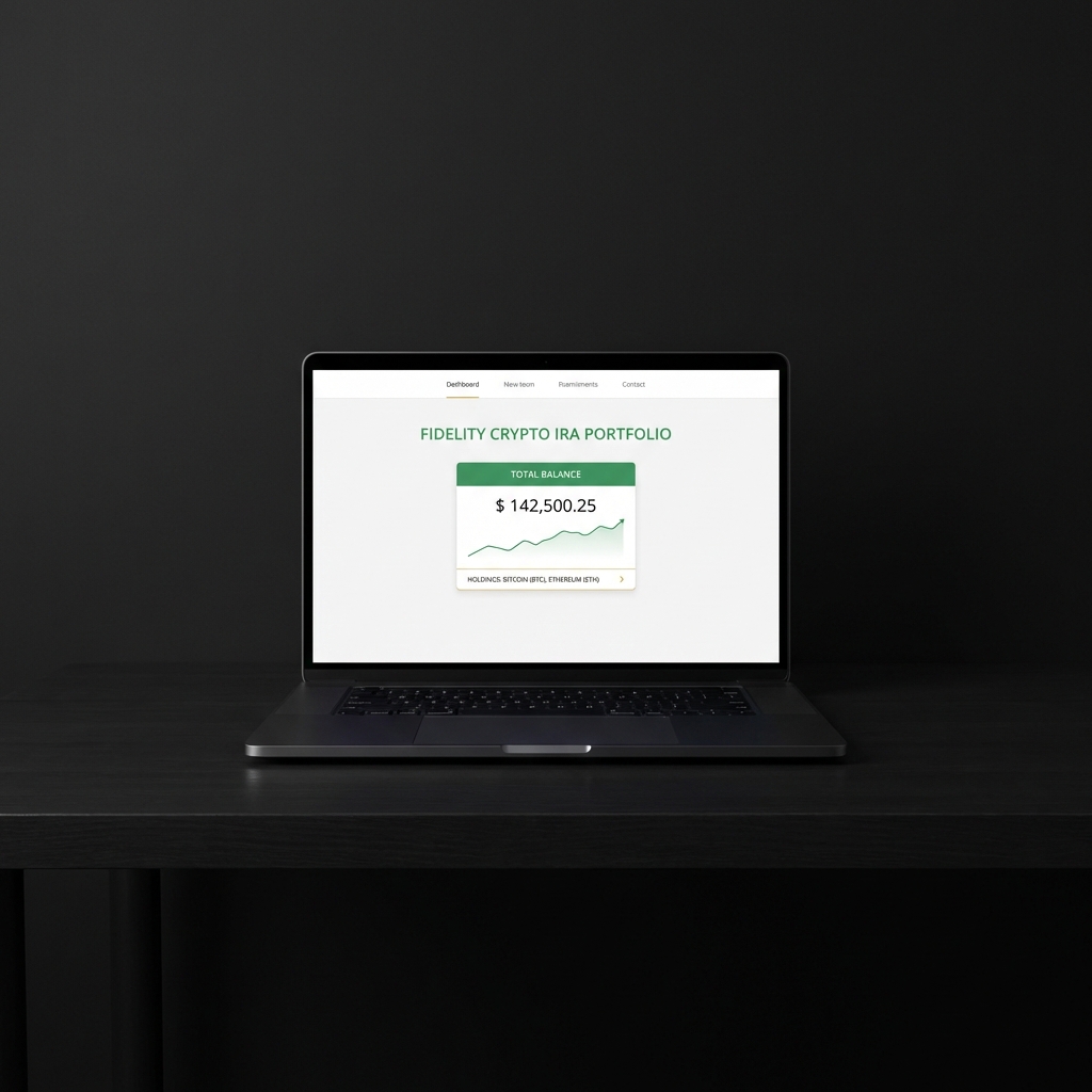 Minimalist laptop displaying a clean crypto IRA fidelity style portfolio dashboard on dark background with Finance Police green and gold accents