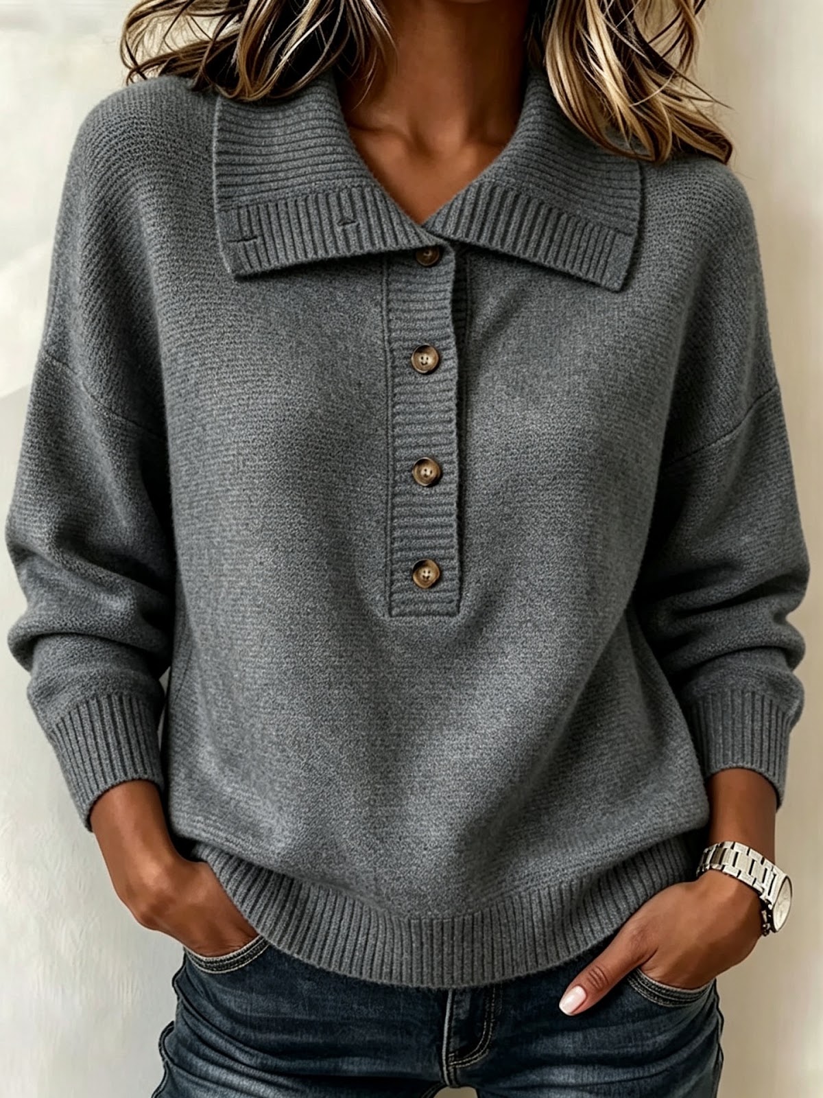 Women's knit sweater with button placket and stand-up collar