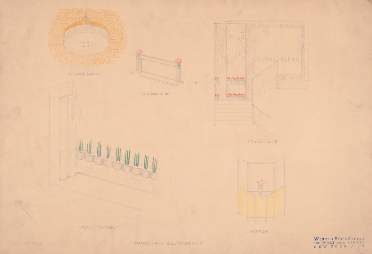 Designs for interior of Shoreham Restaurant Perspectives and elevations for ceil