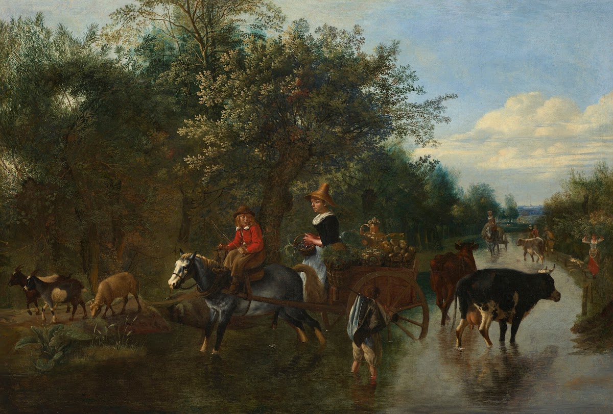 A peasant girl and boy driving a vegetable cart on a flooded track with other pe
