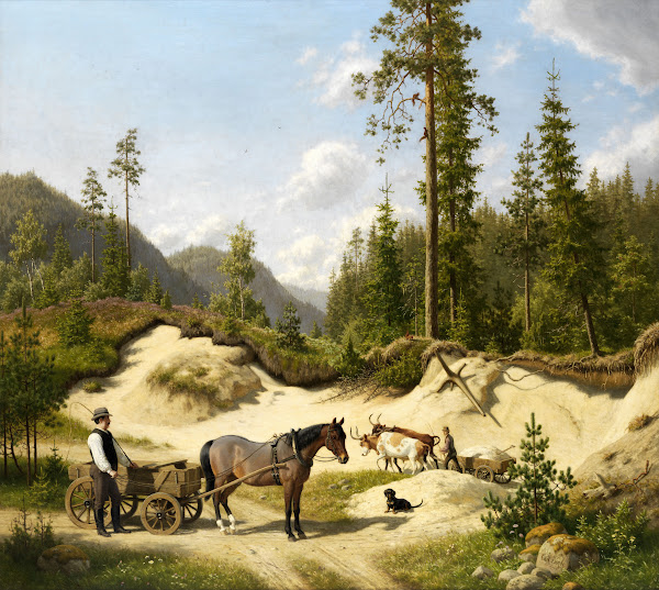Two men with carts in front of a pine forest