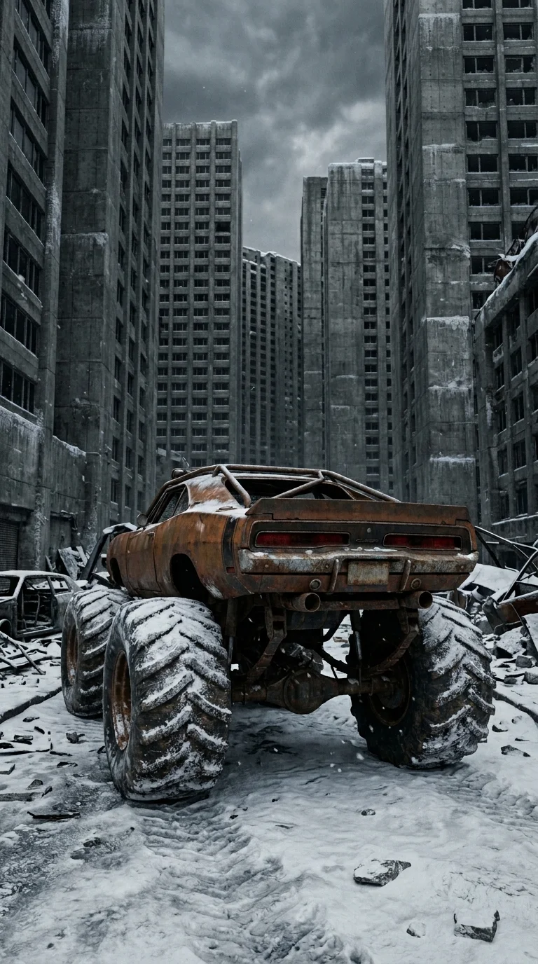 Post-Apocalyptic Off-Road Muscle Car in Industrial Ruins - Free 4K mobile Wallpaper