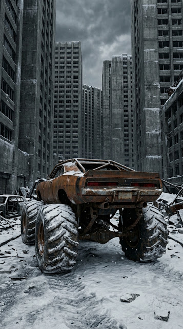 Post-Apocalyptic Off-Road Muscle Car in Industrial Ruins - Free mobile Wallpaper