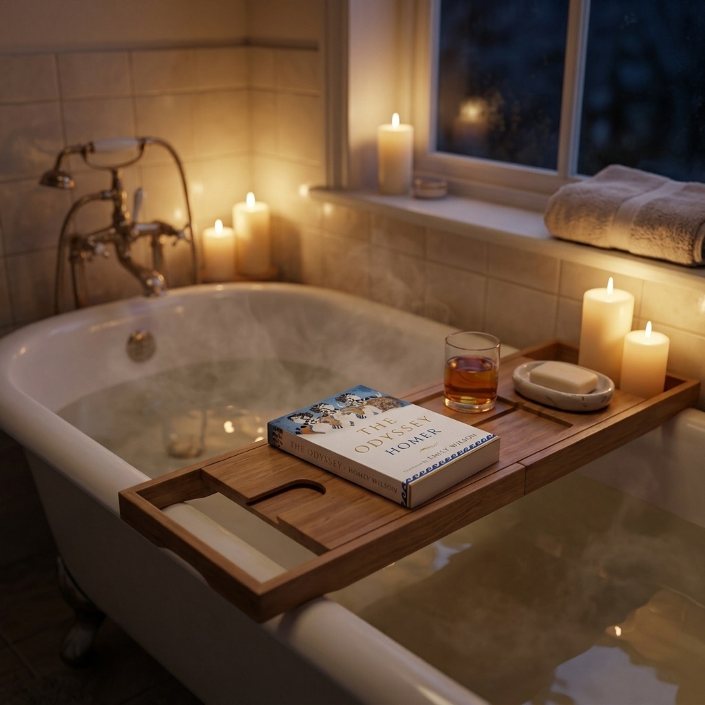 A candlelit bath with a wooden tray laid across it — The Odyssey, a glass of something warm and a bar of soap — steam rising against a dark window.
