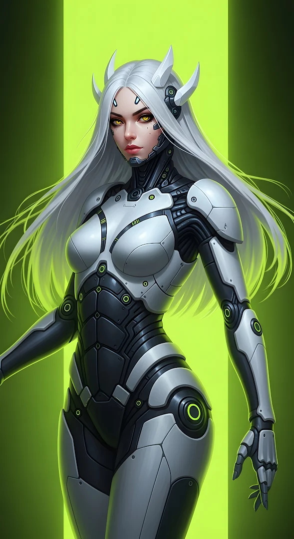 Futuristic Cyborg Woman in White and Black Mech Suit