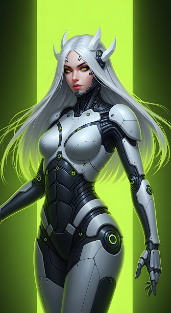 Futuristic Cyborg Woman in White and Black Mech Suit - Free mobile Wallpaper