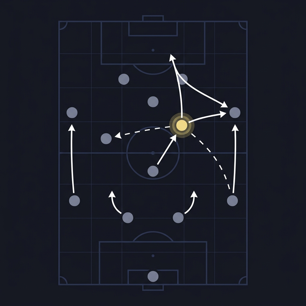 Minimalist 2D vector soccer tactics diagram highlighting the attacking midfielder position with a highlighted marker on dark branded background fulham prediction