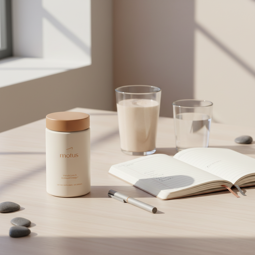 Motus supplement bottle on a neutral wooden table beside a prepared protein shake, open notebook and glass of water; protein meal replacements for weight loss.
