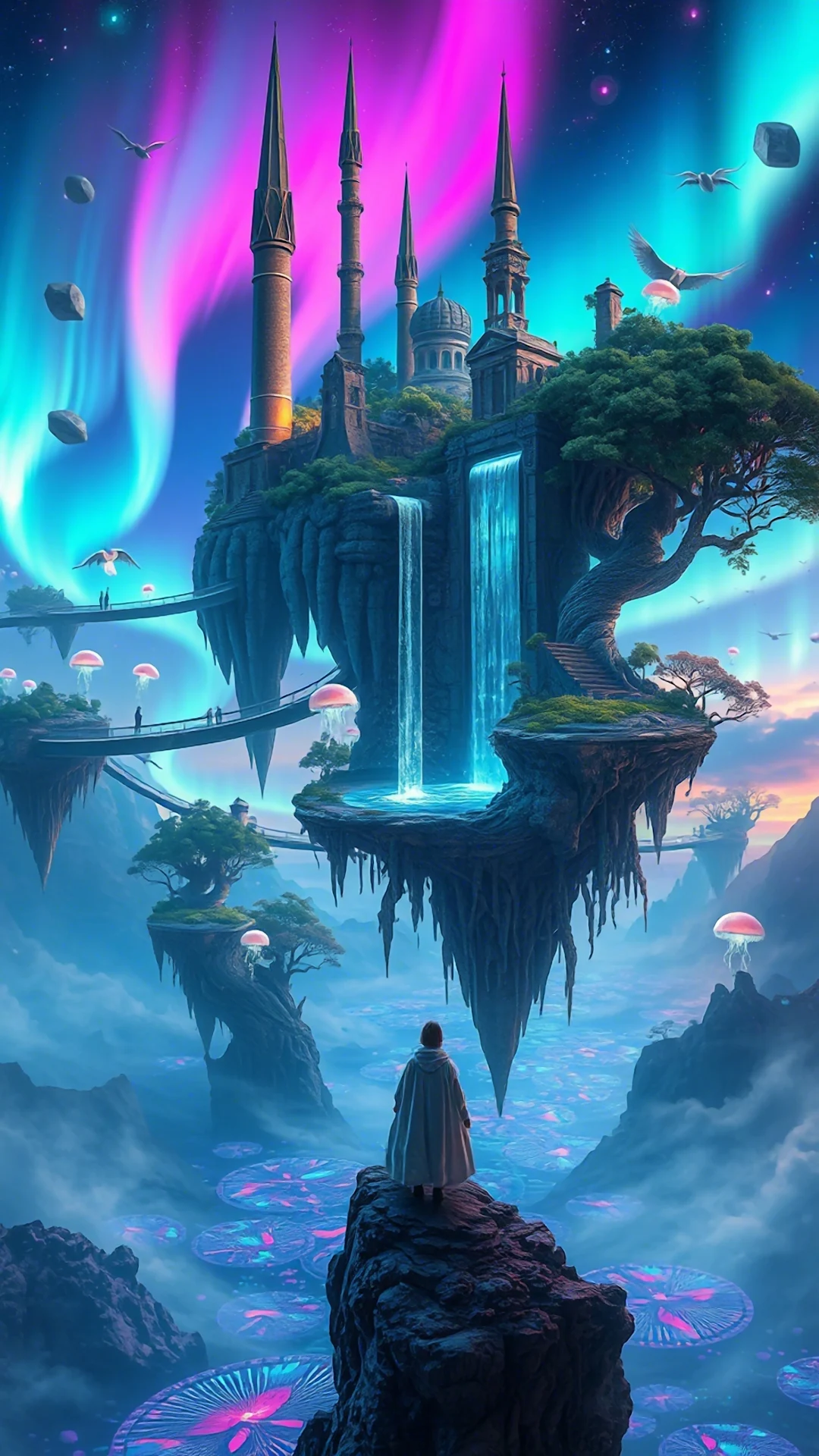 Mystical Skyscape Castle with Glowing Jellyfish and Aurora - Free 4K mobile Wallpaper
