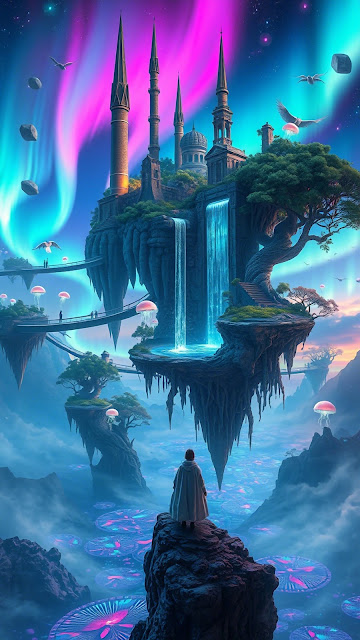 Mystical Skyscape Castle with Glowing Jellyfish and Aurora - Free mobile Wallpaper