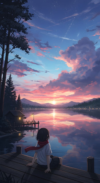 Anime Girl Watching Sunset Reflection on Mountain Lake - Free mobile Wallpaper