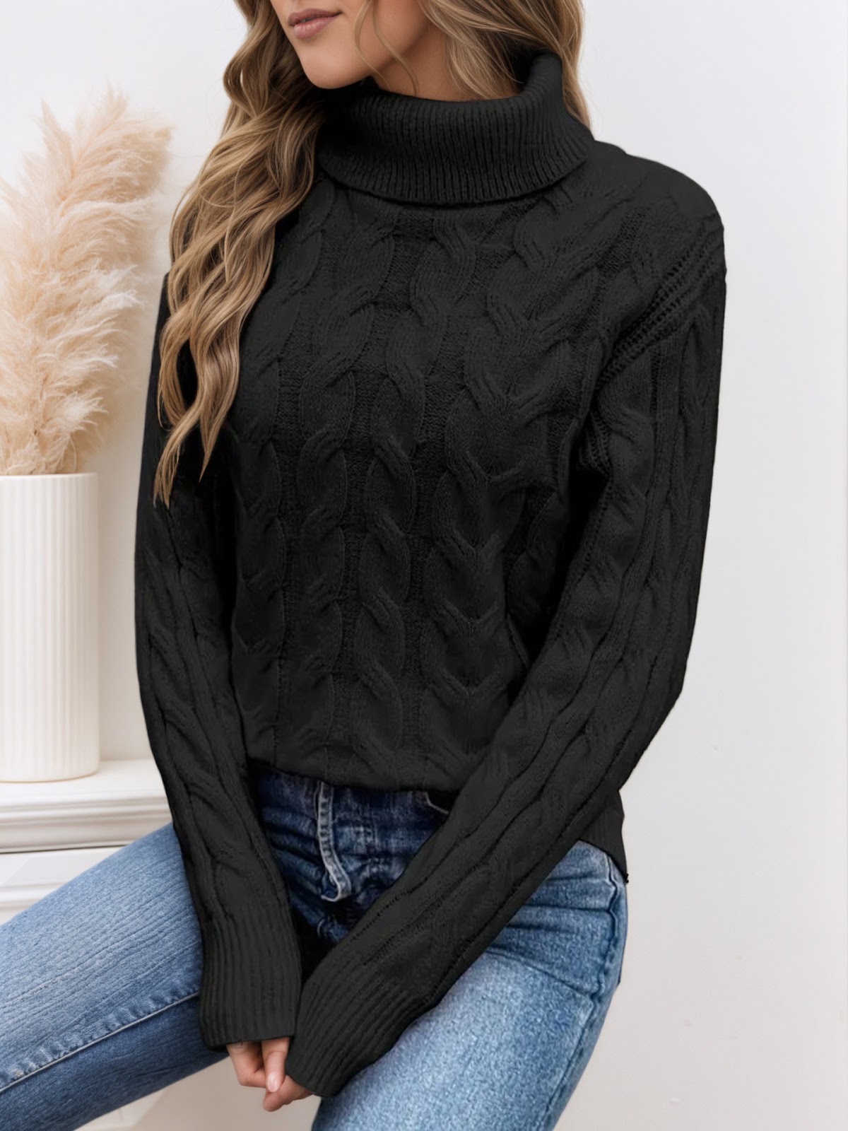 Cable knit sweater with high collar