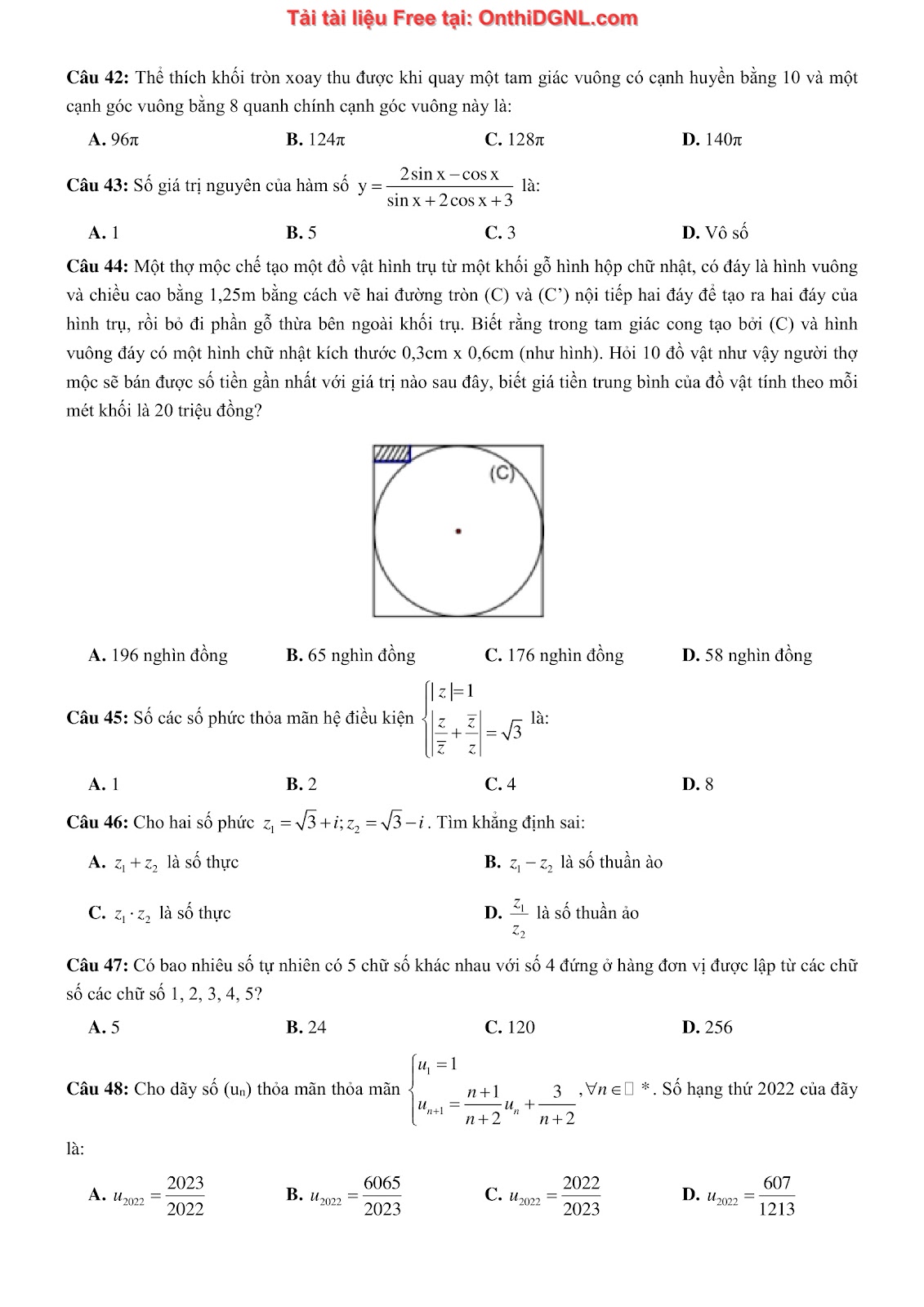 475 bài tập môn Toán - Ôn thi ĐGTD ĐH Bách Khoa Hà Nội Phần 11