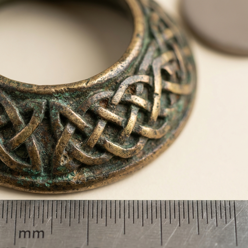 Macro photorealistic image of ancient celtic ring money bezel on bronze with millimetre scale and layered green brown patina on pale beige background