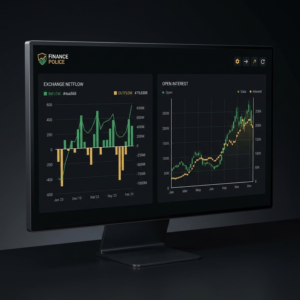 Minimalist monitor close up showing exchange netflow and open interest graphs in a dark trading UI with green highlights and gold accents for crypto market analytics