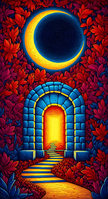 Vibrant Threadwork Illustration of a Mystical Blue Archway with Glowing Yellow Door and Moon - Free mobile Wallpaper